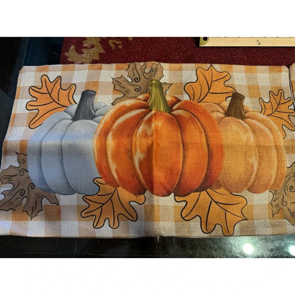 Set of 2 Pumpkin Fall Gingham Canvas Rectangle Pillow Covers 18x12 Zip